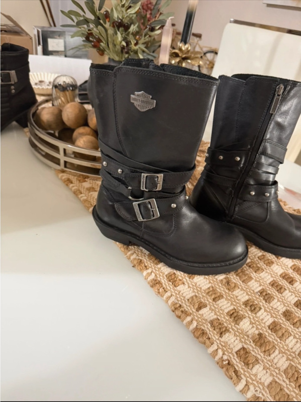 Harley-Davidson Womens Black Leather Biker Boots - Buckle Detail Size 8